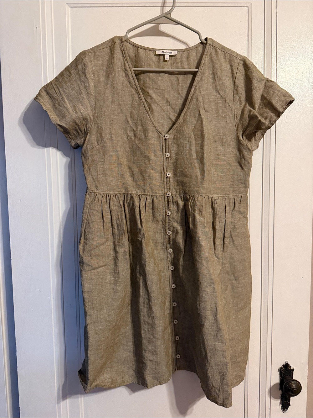 Madewell Olive-Green Linen Button-Front Midi Dress